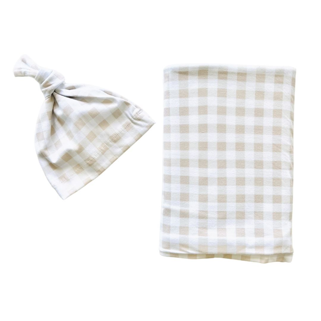Nude Gingham Swaddle and Beanie Set