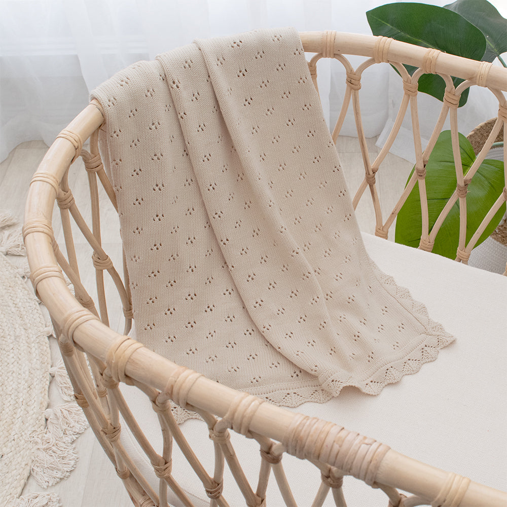 Heirloom blanket in Sand colour. Bassinet / pram size