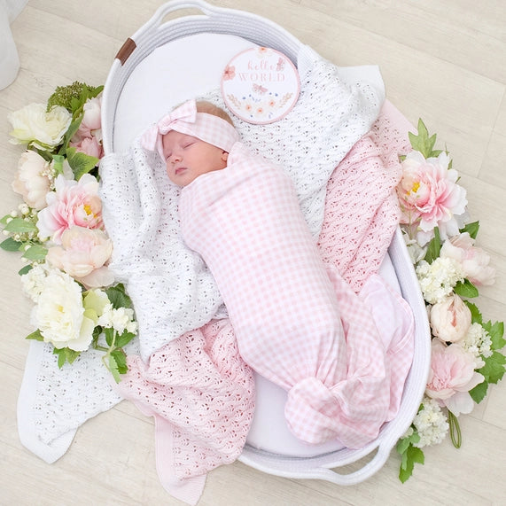 Newborn pink gingham giftset. Swaddle hat and hello plaque